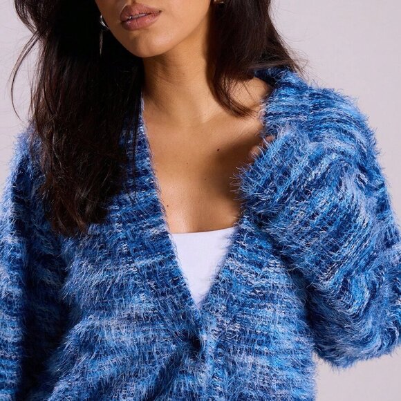 Blue Casual Women's Oversized Textured sweater cardigan - Picture 3 of 6